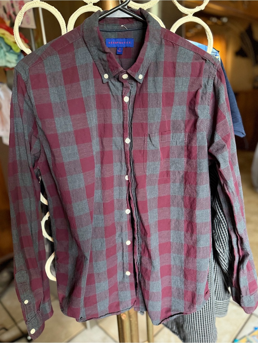 Aeropostale Men's Burgundy and Gray Plaid Button-Down Shirt